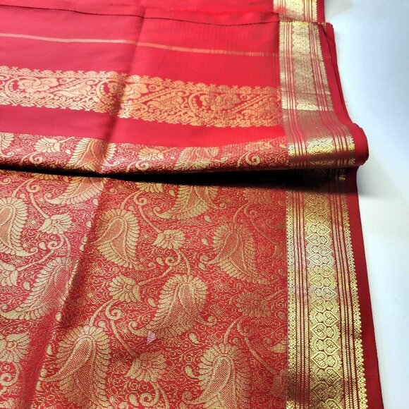 Red Saree with Gold Accents- Unstitched- NEW - Picture 4 of 15